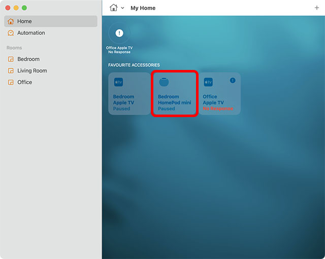 Mac హోమ్ యాప్లో హోమ్పాడ్ శీర్షికను డబుల్ క్లిక్ చేయండి